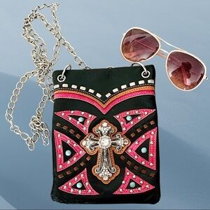 Western Vegan Crossbody Bag with Cross Embroidery